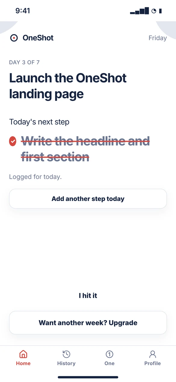 OneShot home screen with today's step marked done