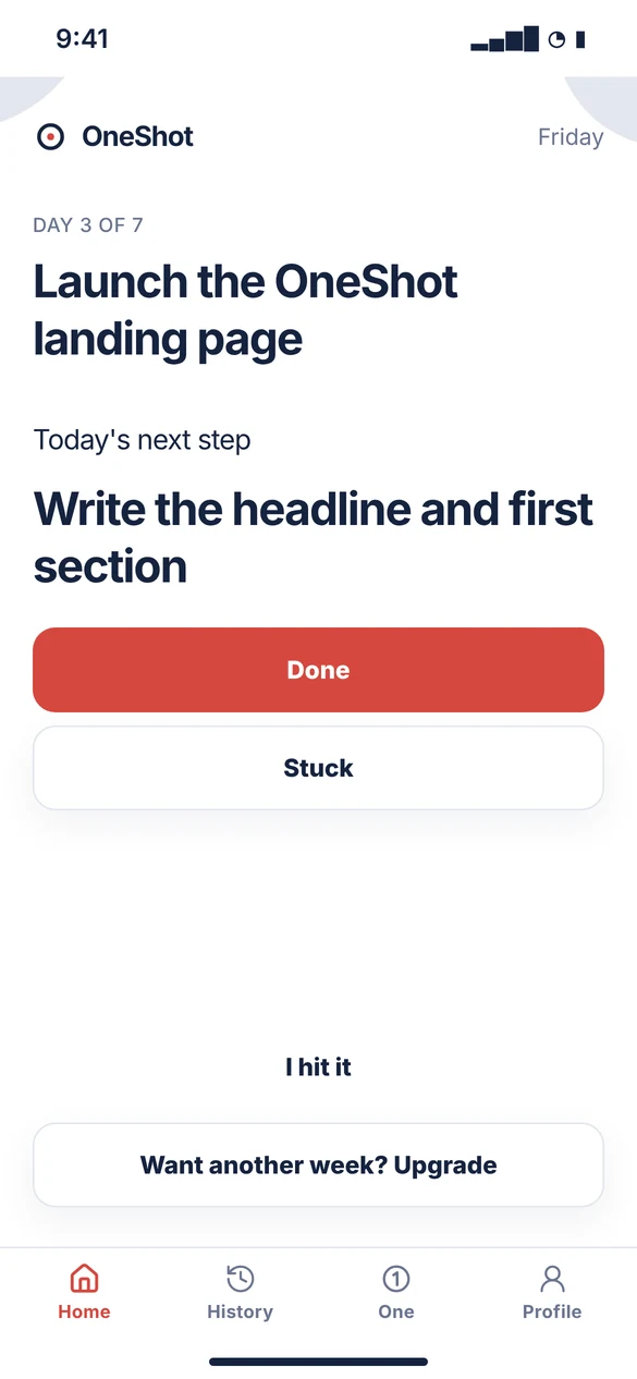 OneShot home screen showing today's next step